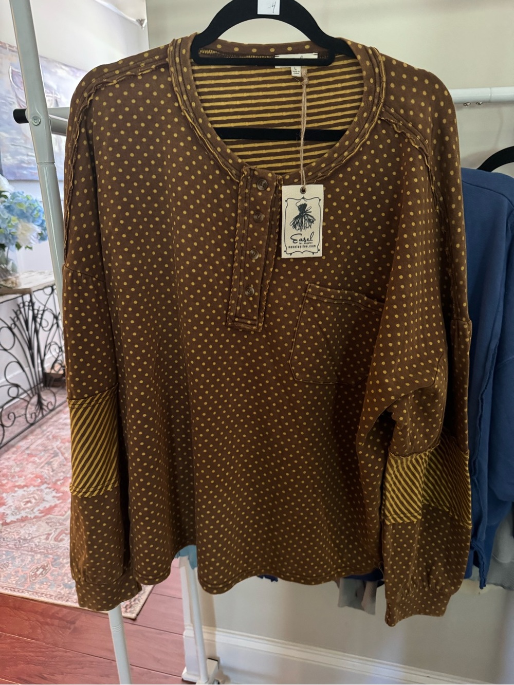 easel Brown and Mustard Striped Henley Pullover